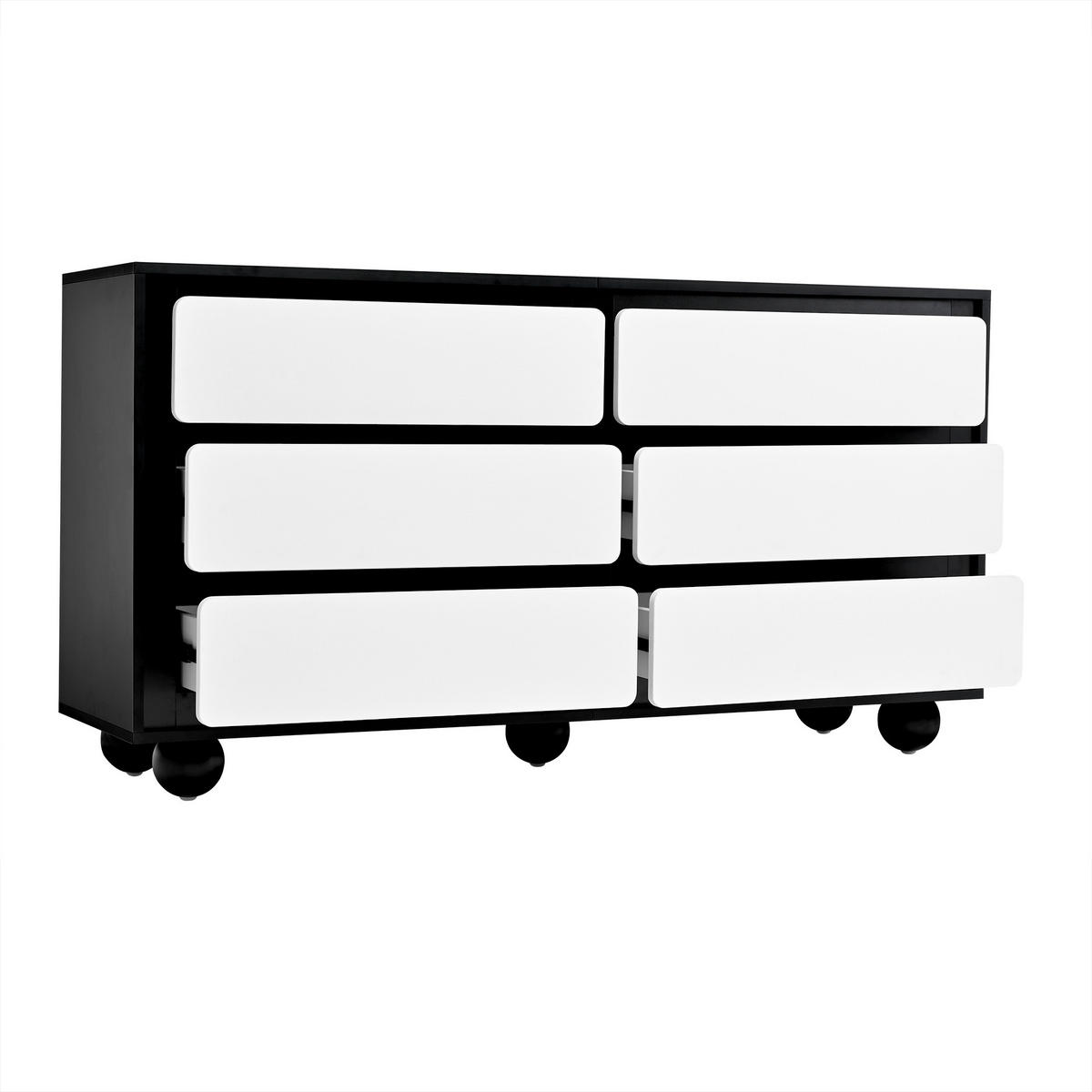 SIDEBOARD 140/38/74,5 cm weiß/schwarz aus Spanplatte mit 6 Schubladen - Weiß, Holzwerkstoff (140/74.5/38cm) - OKWISH