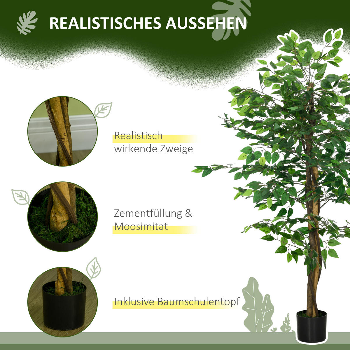 KÜNSTLICHE Pflanze, 150 cm Kunstpflanze, Kunstmoos, Künstlich Ficus Kunstbaum, Grün - Grün, Kunststoff (150cm) - HOMCOM