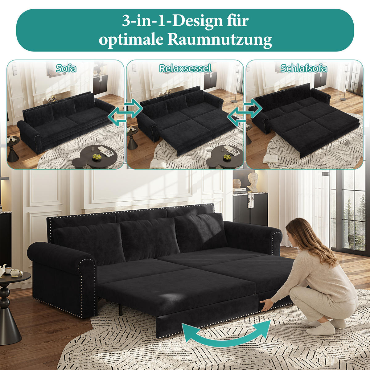 SCHLAFSOFA 3-in-1 ausziehbar mit Rollarmlehnen, DE-42865, Schwarz - Schwarz, Metall (238/98/90cm) - ComfortXL