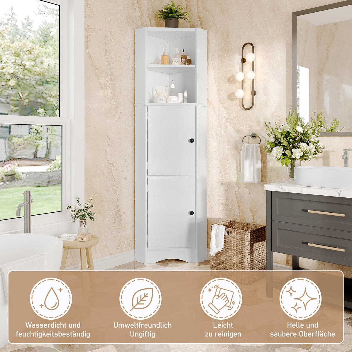 BADEZIMMERSCHRANK 51.7x32x155.4cm in Weiß, feuchtigkeitsbeständig mit 2 Türen - Weiß, Holzwerkstoff (32/155.4/51.7cm) - Modfu