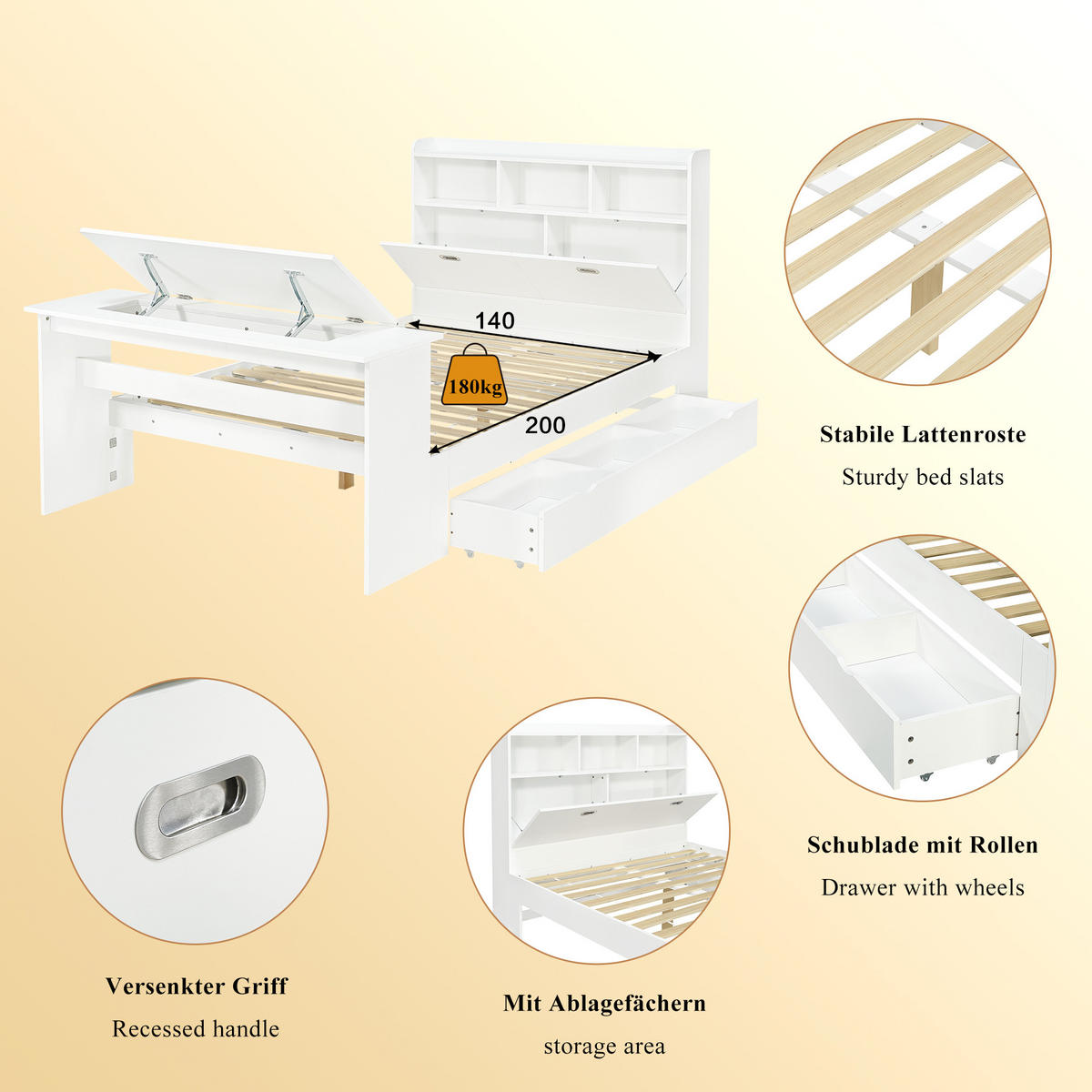 BETT 140/200 cm in Weiß mit Stauraum, Klapptisch und verstellbarer Schublade aus Holz - Weiß, Holzwerkstoff - STILVORA