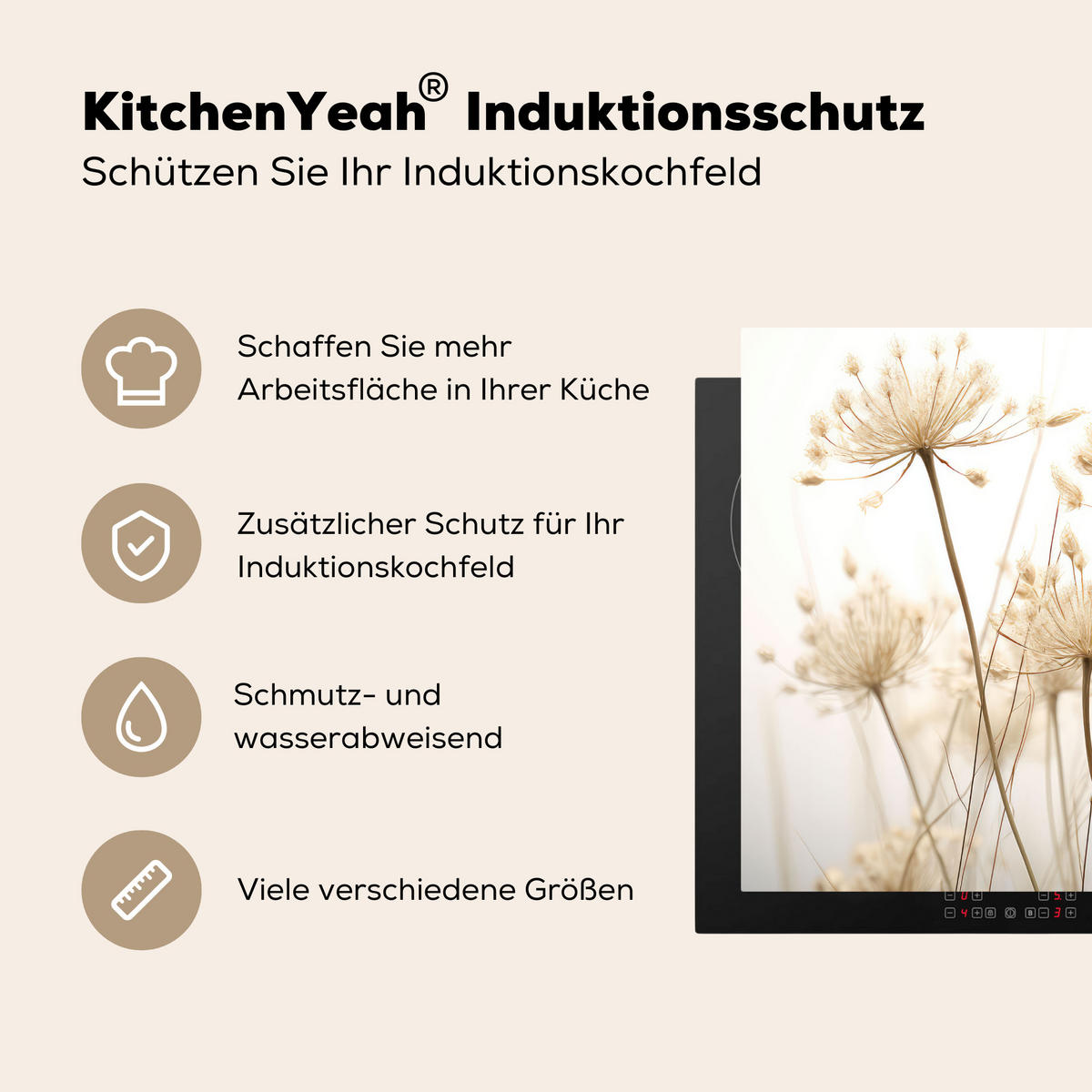 HERDABDECKPLATTE Blumen - Weiß - Sonnenlicht 59x52 cm - Ecru, Kunststoff (59/0.2/52cm) - MuchoWow