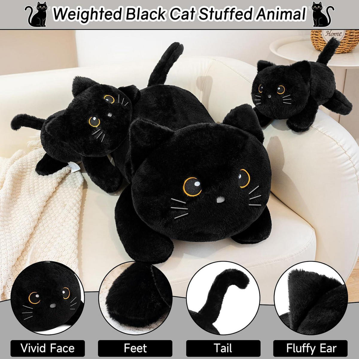 GEWICHTETES Plüschtier schwarze Katze als Kuscheltierkissen - Schwarz, Textil (18/35cm)