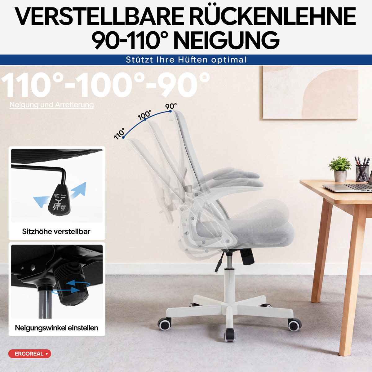 DREHSTUHL Gräulich-weiß mit verstellbare Rückenlehne und verstellbare Lendenwirbelstütze - Weiß, Kunststoff (65/104/65cm) - Oxeza