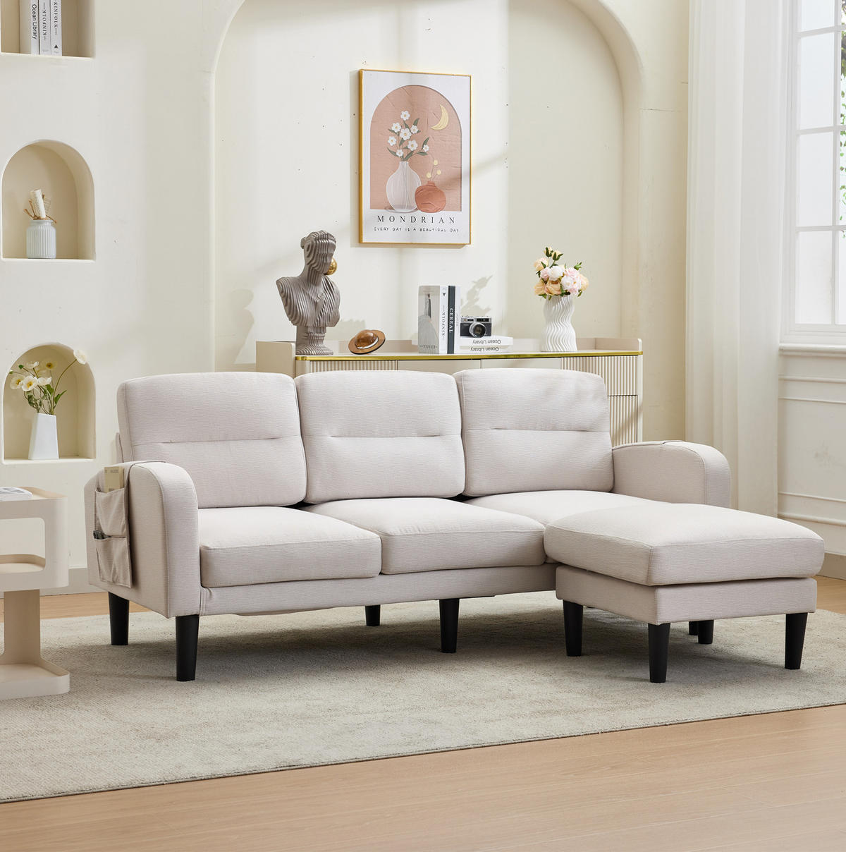 ECKSOFA 204/136/80 cm aus Stoff mit Chaiselongue und Seitentaschen Beige - Beige, Textil (136/204cm) - Modenvie
