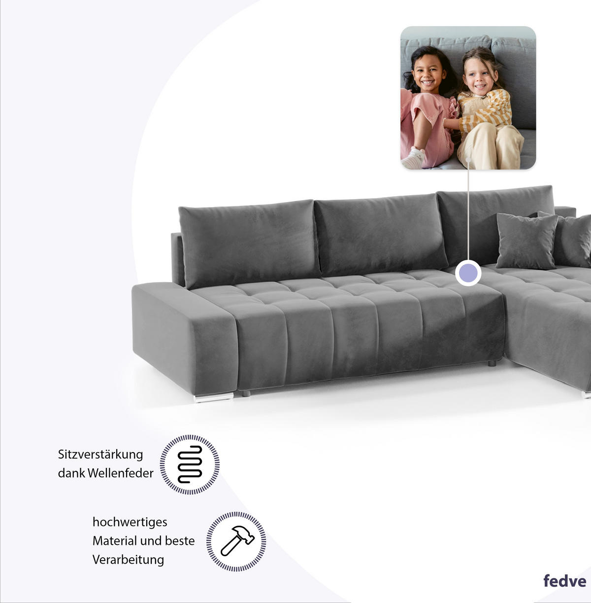 ECKSOFA mit Schlaffunktion Dhaka L, Grau - Grau, Textil (185/265cm) - Fedve