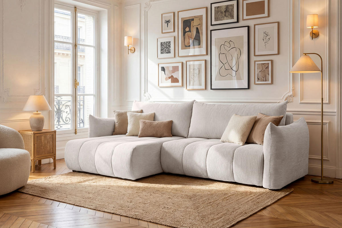 ECKSOFA Liv mit Schlaffunktion & Bettkasten in Cordstoff Creme, Universell 260/154/86 cm - Creme/Schwarz, Kunststoff/Textil (260/154cm) - WFL GROUP