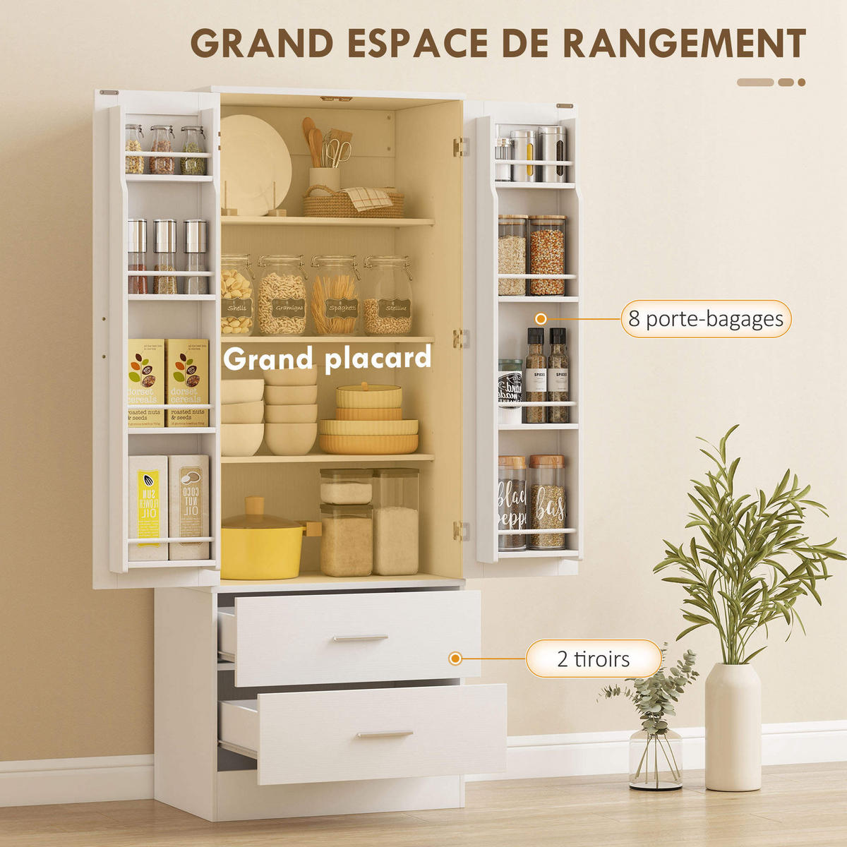 MEHRZWECKSCHRANK DE-11252 2 Türen & 2 Schubladen mit 8 Gewürzregalen Weiß - Weiß, Holzwerkstoff (40/159/60cm) - ComfortXL