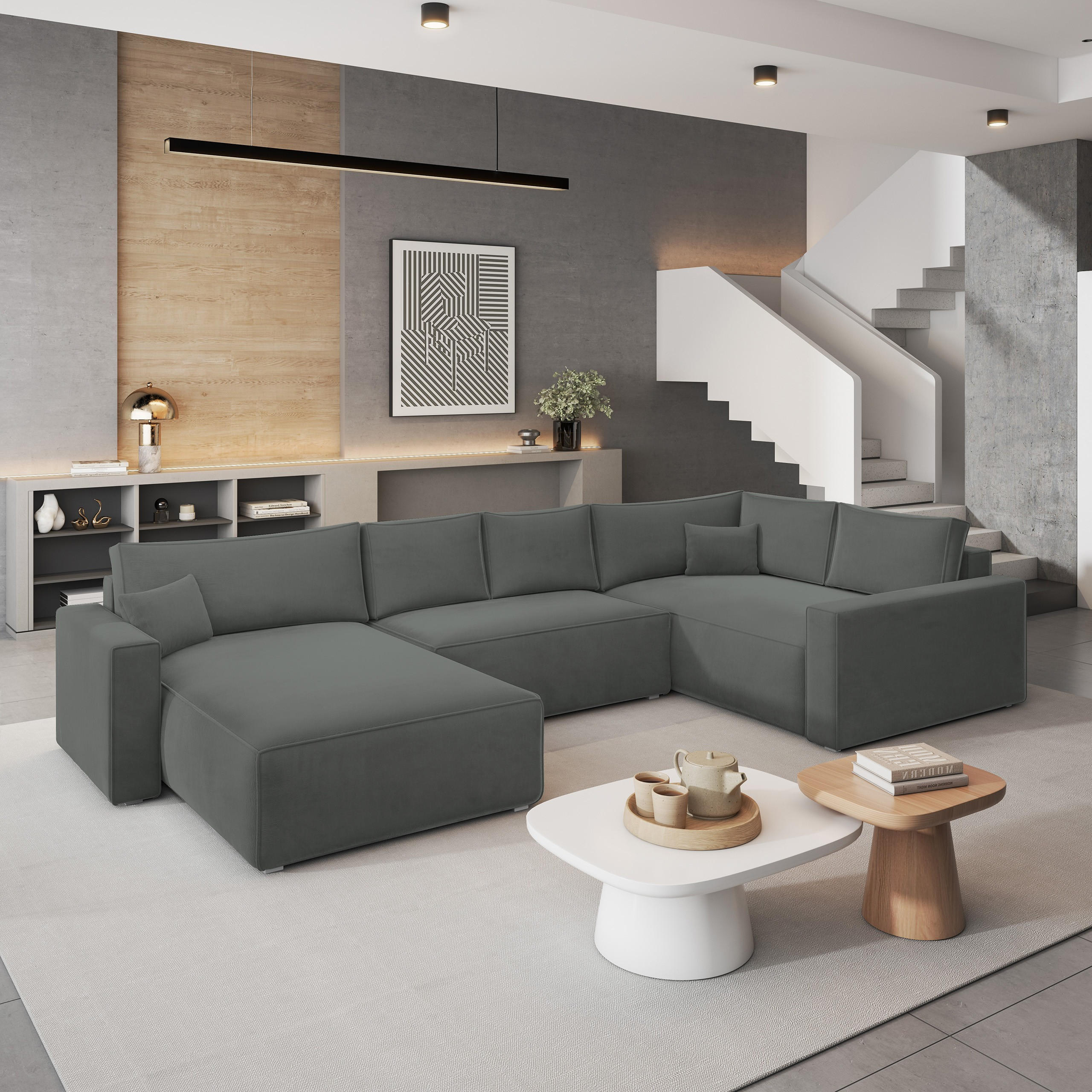 WOHNLANDSCHAFT VELAMI R-S Grau Velours-Stoff mit Schlaffunktion - Grau, Holz (365/83/194cm) - MASSENO
