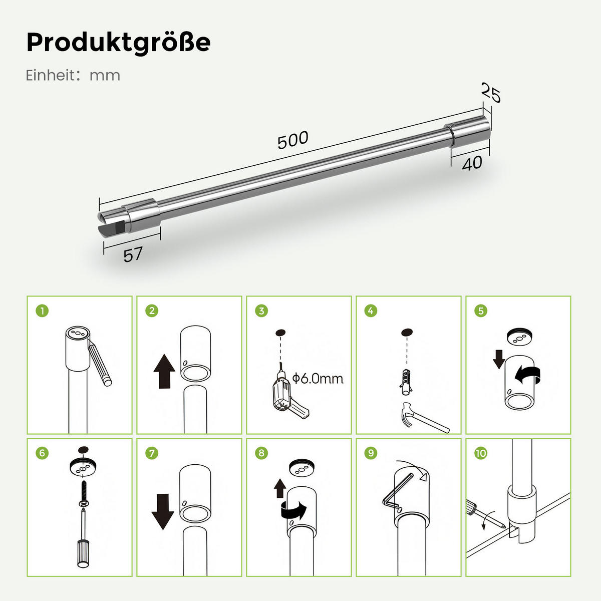 STABILISIERUNGSSTANGE 50 cm für Duschwand aus Edelstahl verchromt 6–10 mm mit 360°-Gelenk - Chromfarben, Metall (1.9/50cm) - S'AFIELINA
