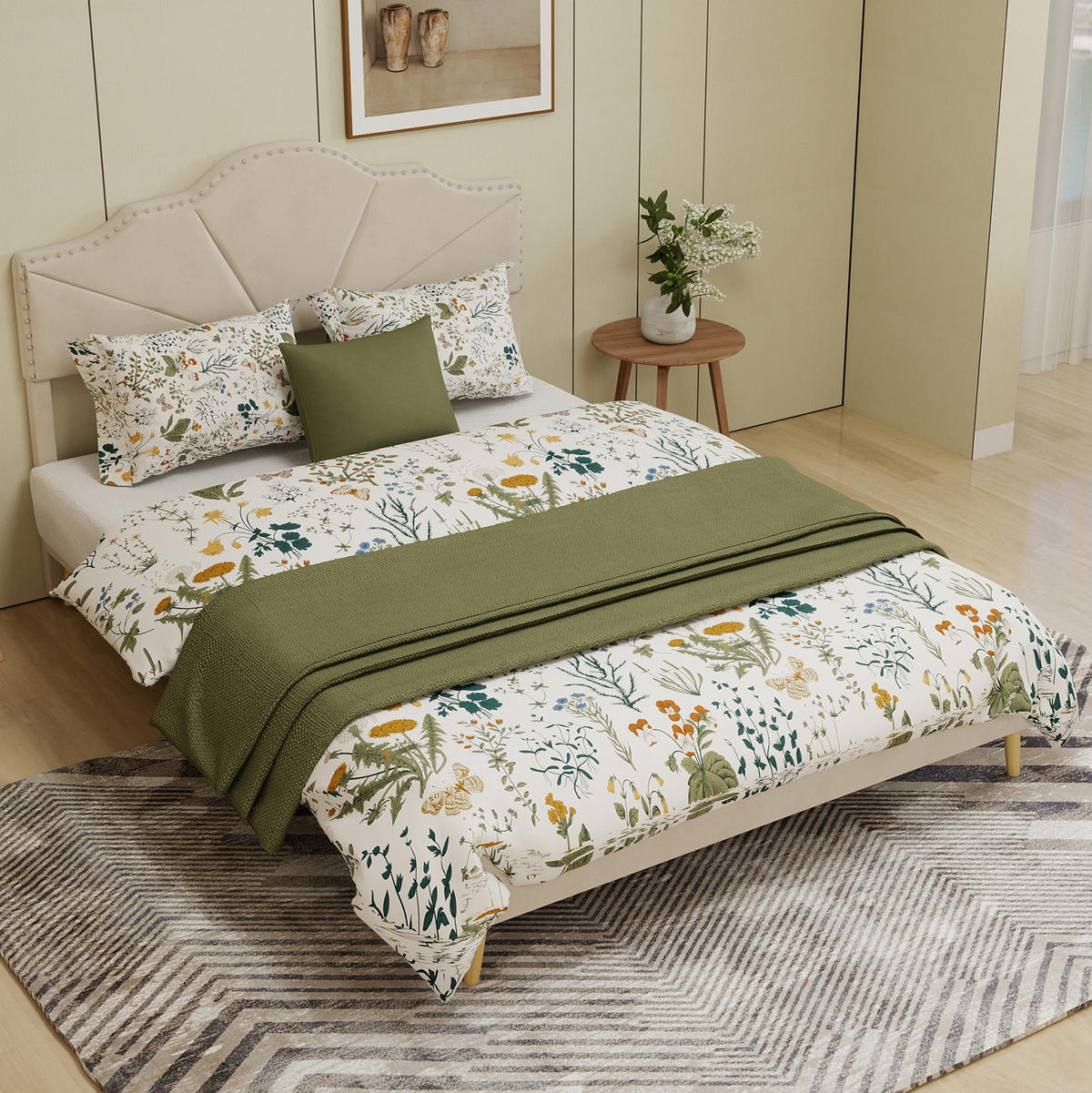 ČALOUNĚNÁ postel 160/200 cm béžová z látky a kovu s geometrickým čelem - béžová, textil (160/200cm) - OKWISH