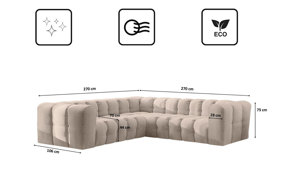 ECKSOFA Corner Mit Steppung BALOO, Chenille-Stoff Moly, Beige - Beige, Holz (270/270cm) - Kaiser Möbel