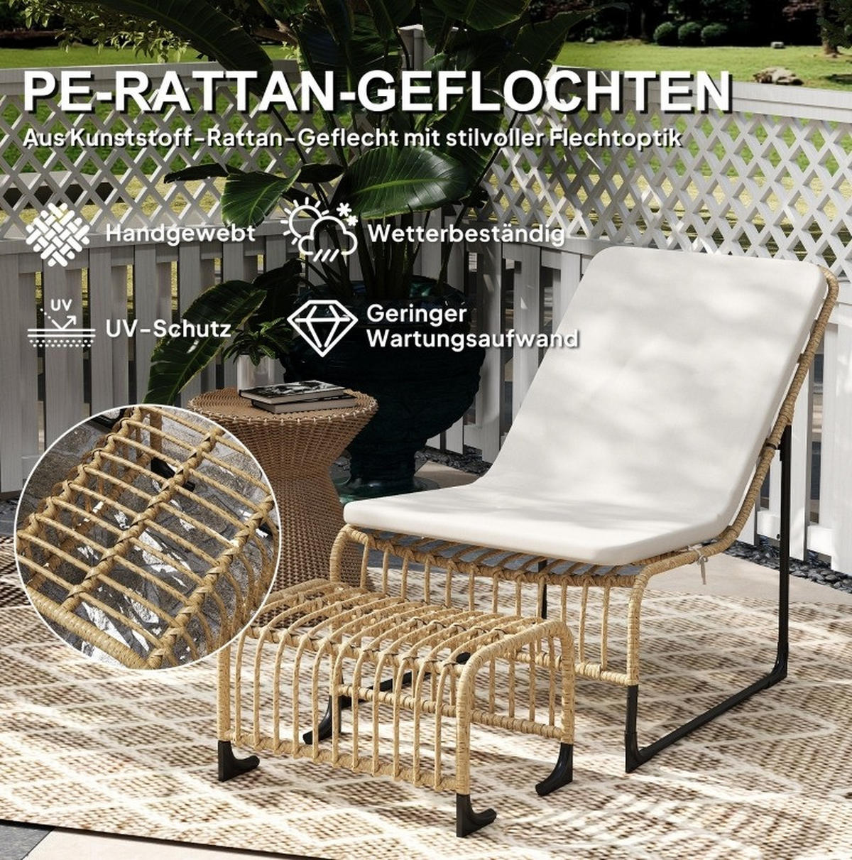 GARTENSESSEL-SET 65/93/80 cm mit Fußhocker, Kissen und UV-beständigem Rattan, Cremeweiß - Beige, Metall (65/80/96cm) - Redom