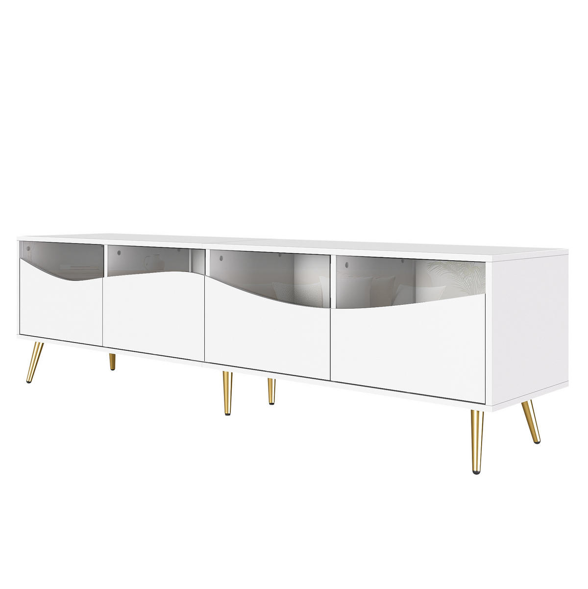 LOWBOARD 180/40/50 cm aus MDF mit LED-Beleuchtung, Glasfront und goldfarbenen Metallfüßen Weiß - Weiß, Holzwerkstoff (180/50/40cm) - Modenvie