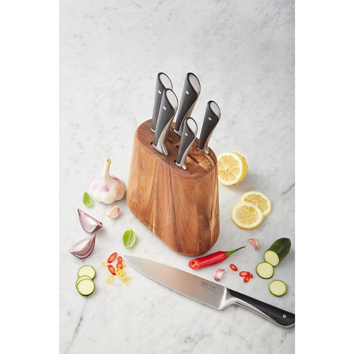 MESSERBLOCK Jamie Oliver Messerset K267S7, Küchenmesser, Holz, Hohe Schnittleistung, Kochmesser, 7-Tlg, Fleischmesser, Brotmesser, Santokumesser - Dunkelrot, Kunststoff/Metall (12/25/8cm) - Tefal