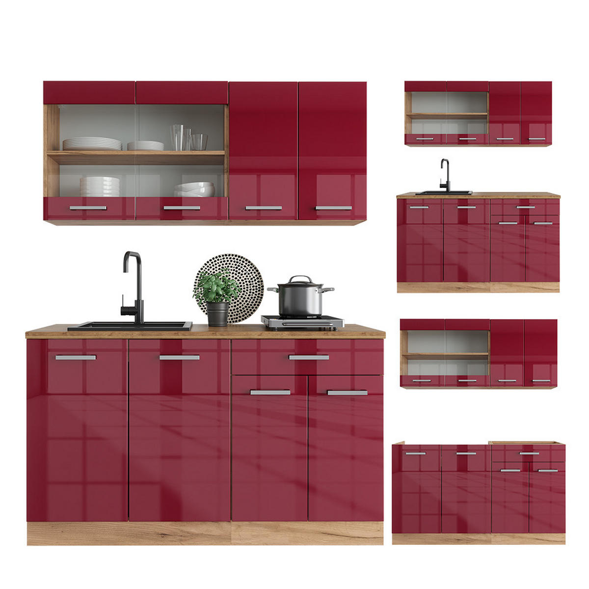 SINGLEKÜCHE R-Line Rot Hochglanz/Goldkraft Eiche 140 cm ohne Arbeitsplatte - Honigeiche/Rot, Holzwerkstoff (140/81.6/46cm) - Vicco