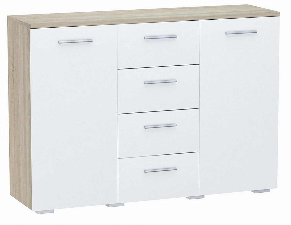 KOMMODE Helena 2D4S Sonoma Eiche-Weiß 120/35/84,5 cm - Weiß/Sonoma Eiche, Holzwerkstoff (120/84.5/35cm) - Matkam Möbel