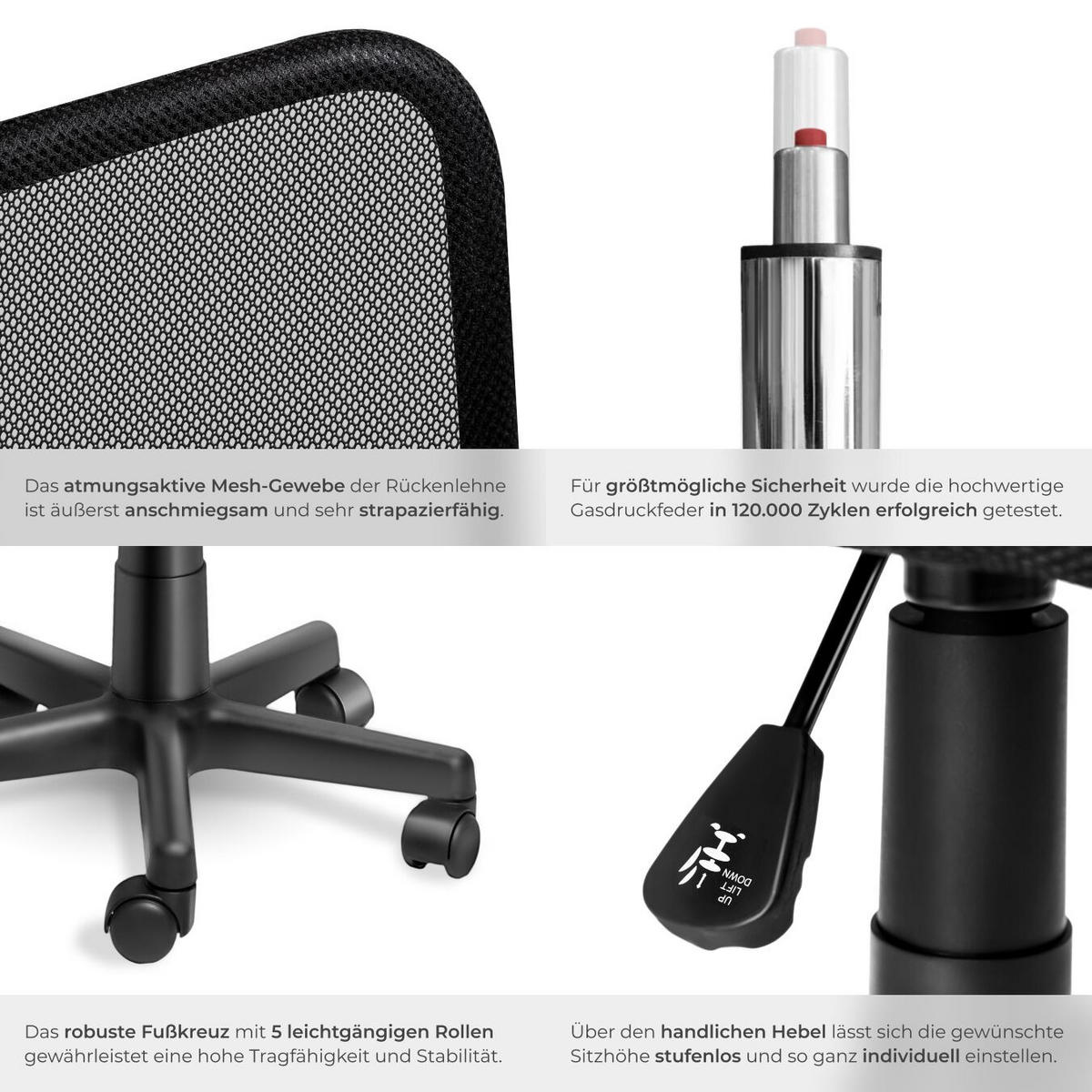 BÜROSTUHL Patrick, stufenlos höhenverstellbar, schwarz - Schwarz, Textil (50/95/43cm) - tectake