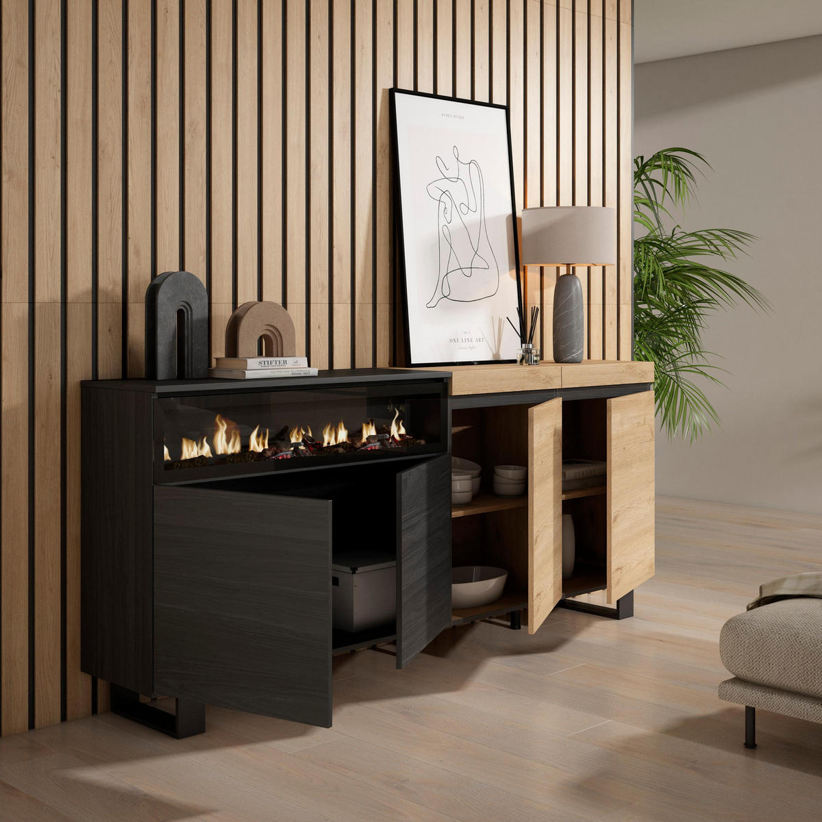 SIDEBOARD Elektrokamin, eiche, schwarz, 200/35/87cm - Beige/Multicolor, Holzwerkstoff (200/87/35cm) - Skraut Home