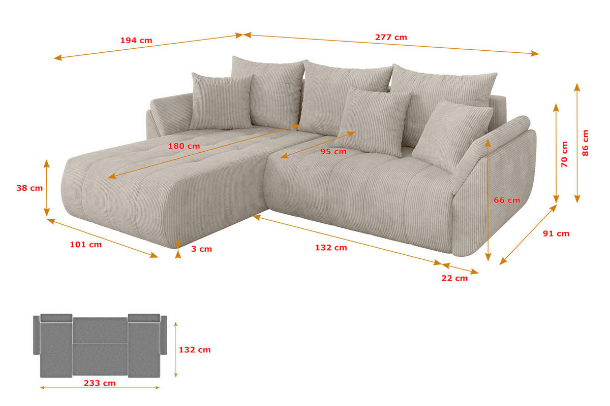 ROHOVÁ SEDAČKA s funkcí spaní, otoman vlevo TOKO-L 277x194x86 krémová manšestr - černá/krémová, kompozitní dřevo/textil (277/194cm) - ALTDECOR