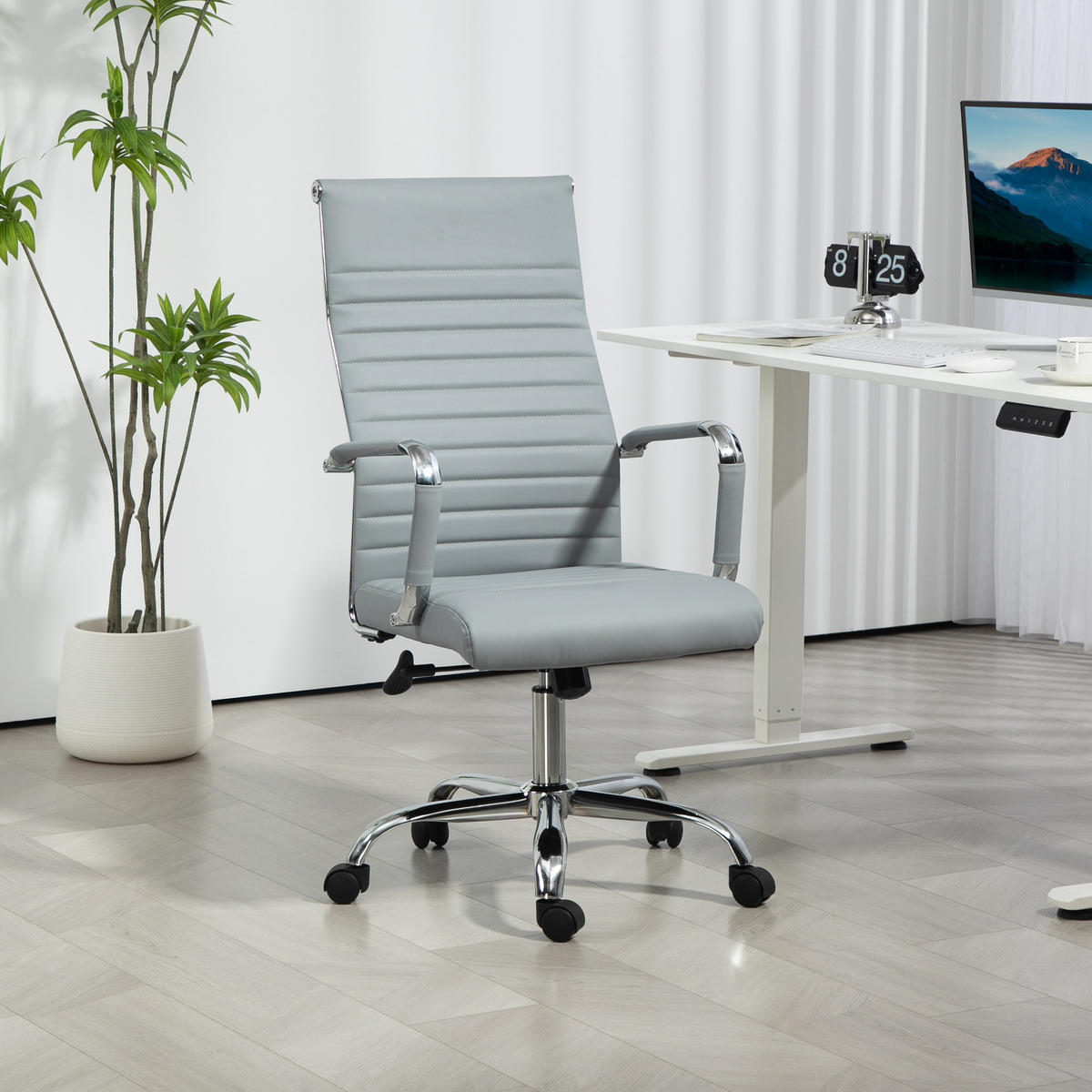 BÜROSTUHL Ergonomischer Schreibtischstuhl mit Wippfunktion Armlehne Hellgrau - Hellgrau, Leder (62/114/54cm) - Vinsetto