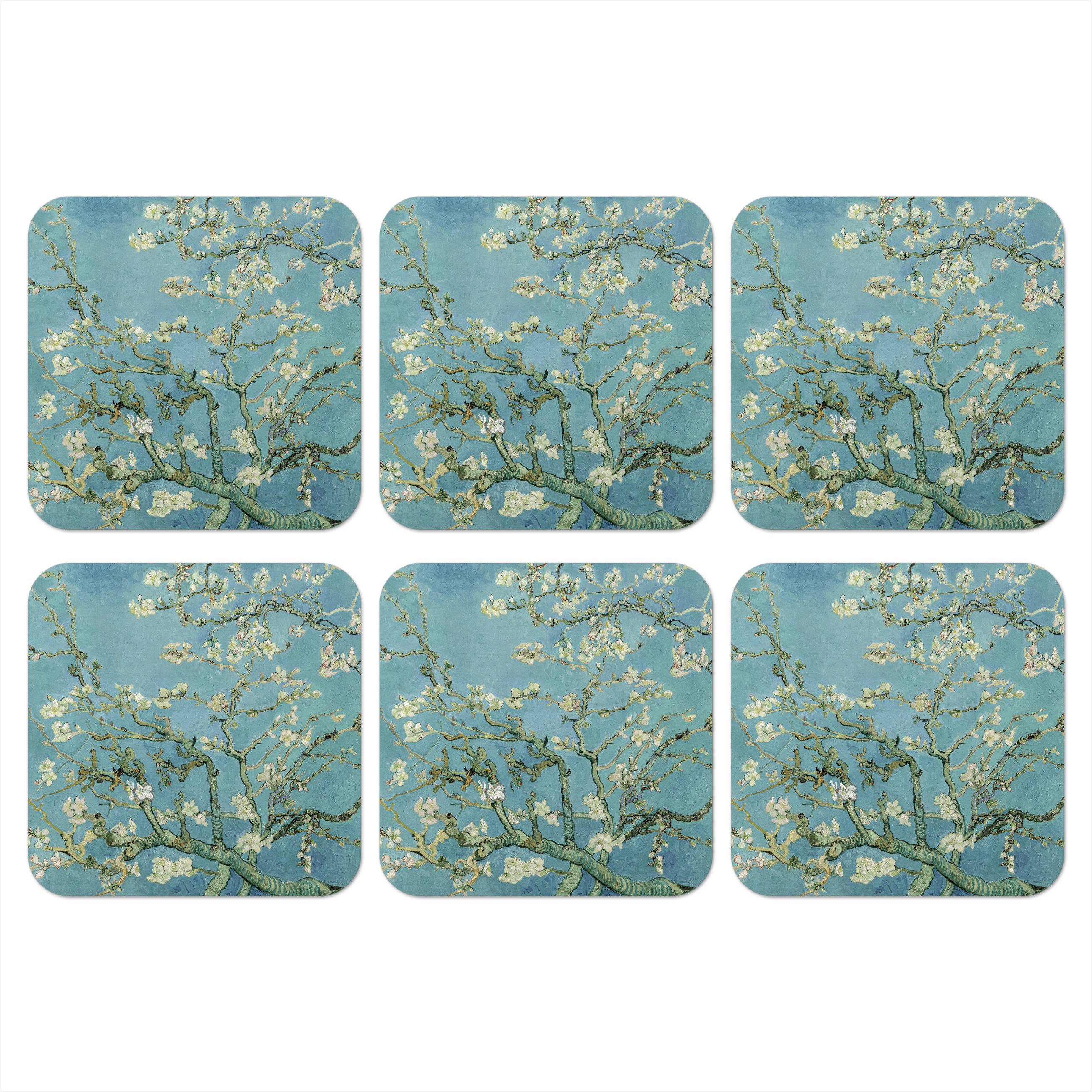 GLASUNTERSETZER 6er-Set Van Gogh - Mandelblüte - Alte Meister - Kunst - Vintage 10x10 cm - Hellblau, Naturmaterialien (10/0.2cm) - MuchoWow