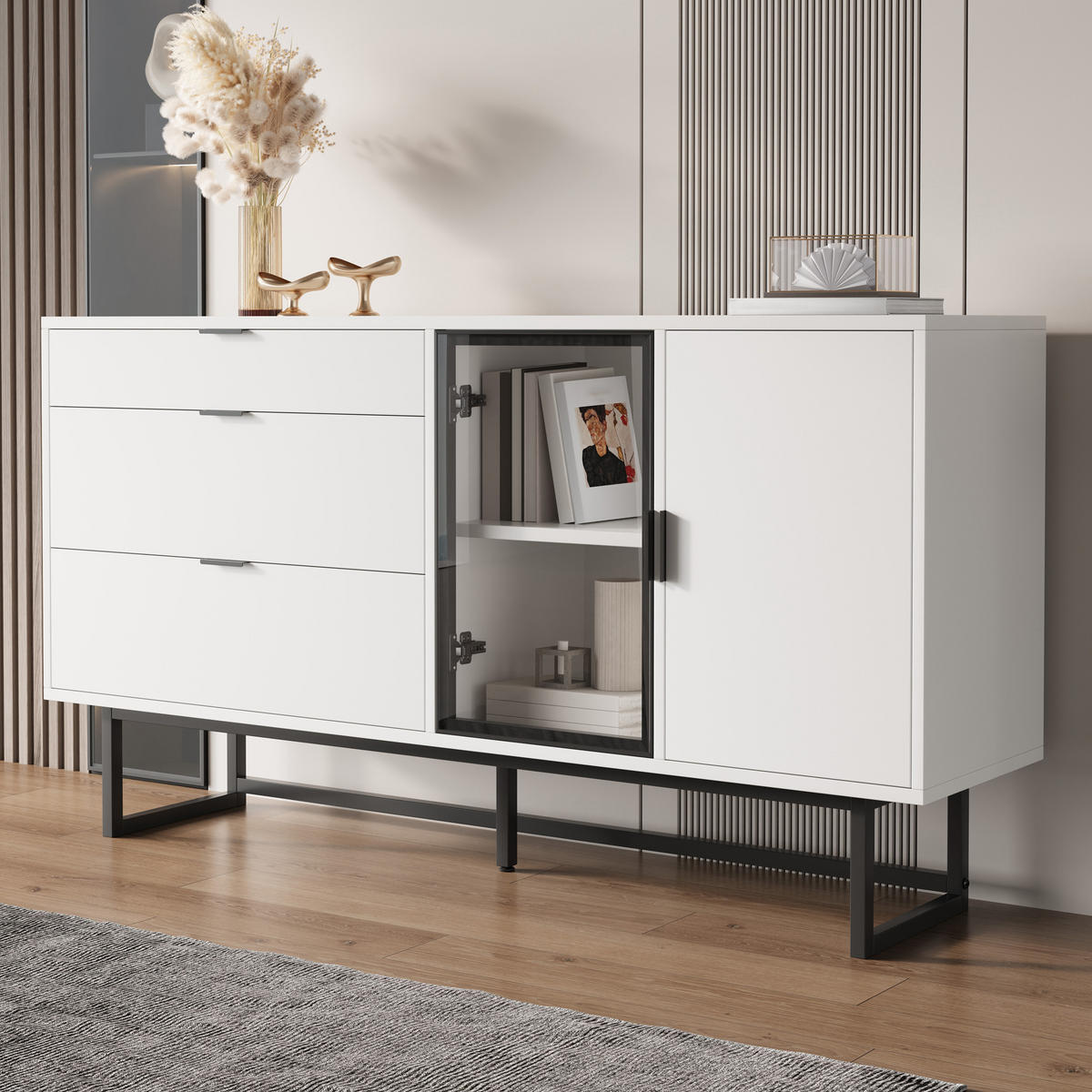 SIDEBOARD Weiß Glas Türen 3 Schubladen LED - Weiß, Holz (160/78/36cm) - LEBENLANG