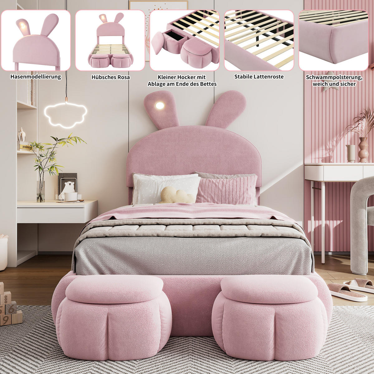 POLSTERBETT 90/200 cm Rosa mit LED-Beleuchtung und 2 Aufbewahrungshockern - Rosa, Textil (90/200cm) - Flora Grace