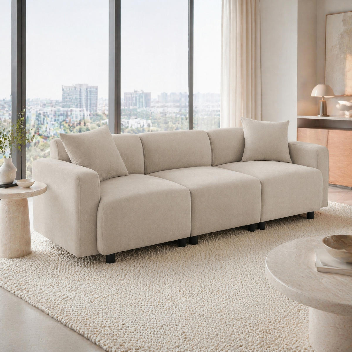 SOFA mit Chenille-Bezug Beige 67x211x71 cm, 3-Sitzer mit 2 Kissen - Beige, Textil (211/71/67cm) - IVMEU