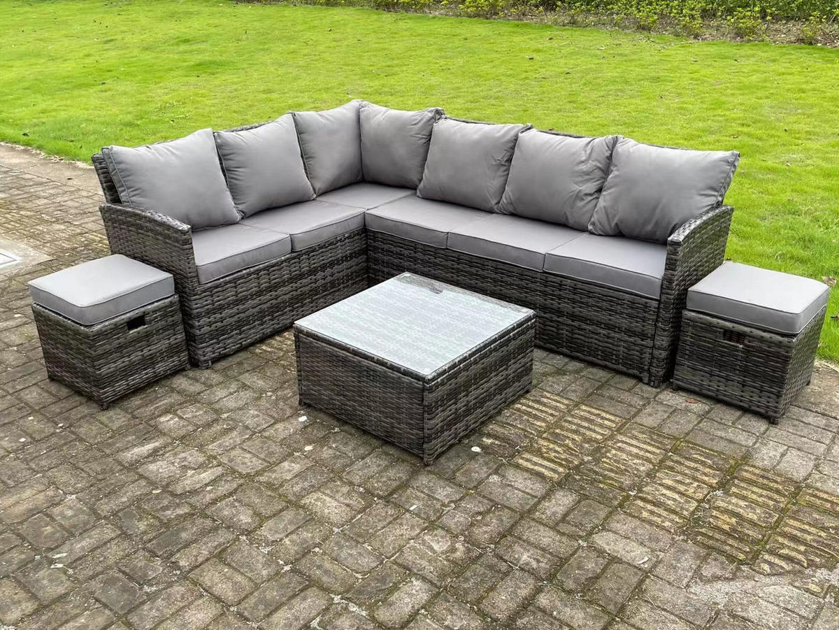 GARTENMÖBEL SET mit Quadratischer Couchtisch Polyrattan Dunkelgrau 8-Sitzer - Dunkelgrau/Grau, Glas/Kunststoff - Fimous