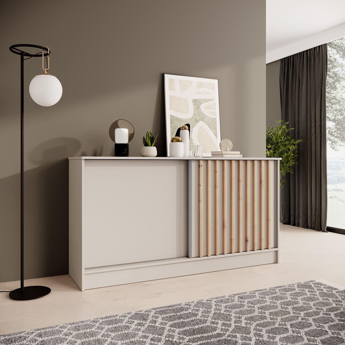 KOMMODE Horizon mit 2 Schiebetüren, Kaschmir+eiche Artisan, 160 cm - Kaschmir, Holzwerkstoff (161/85/43.5cm) - Beautysofa