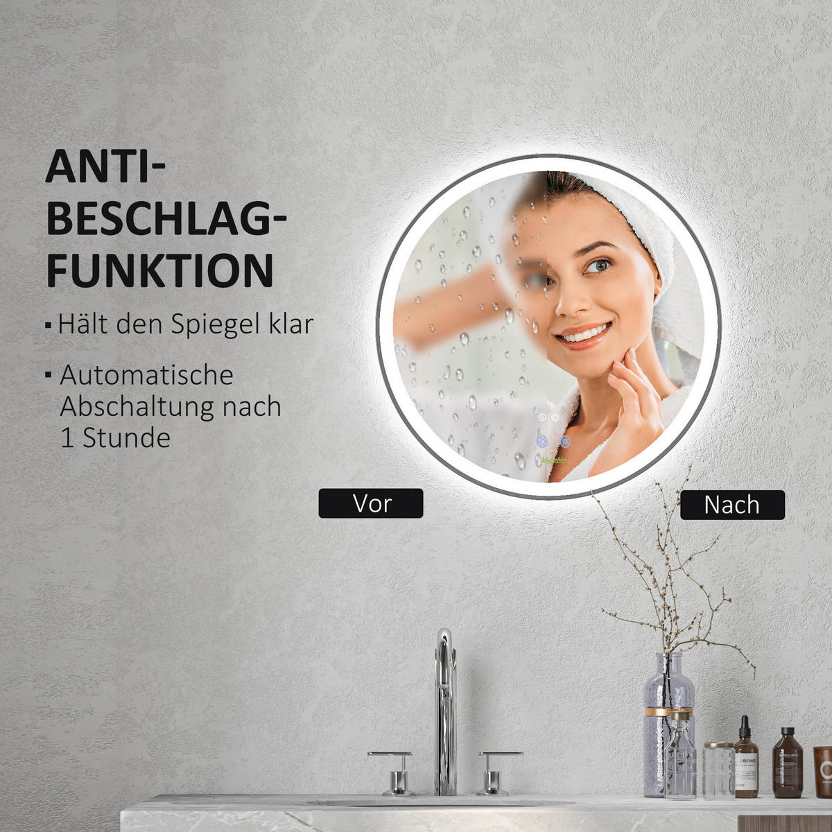 WANDSPIEGEL Runder 60/3/60 cm weiß aus Aluminium mit LED-Touch, Memory und Antibeschlag - Weiß, Metall (3/60/60cm) - OKWISH
