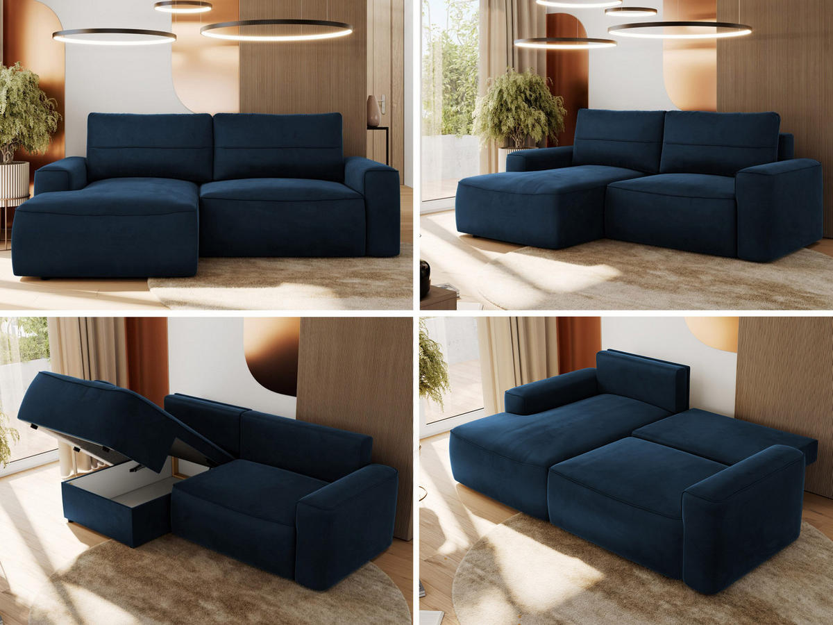 ECKSOFA BELLUNO L Dunkelblau Velvet - Links - Blau/Schwarz, Textil (144/233cm) - MKS