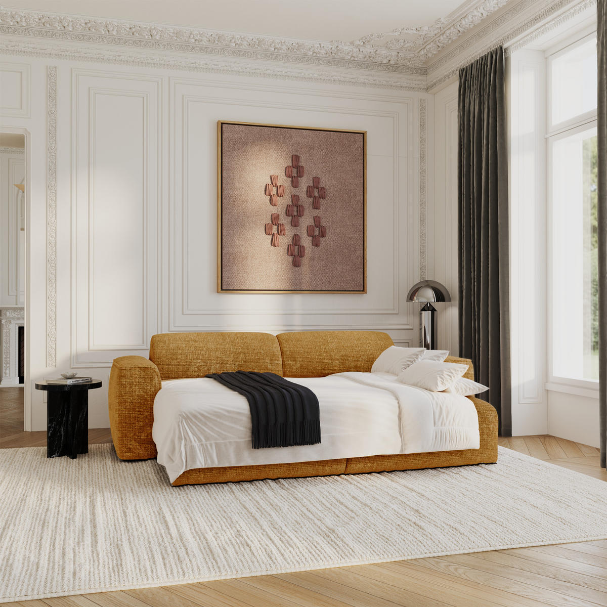 SCHLAFSOFA GERADE Geprägter Samt Senf 240cm - Dunkelgelb, Textil (240/73/97cm) - Sia Home