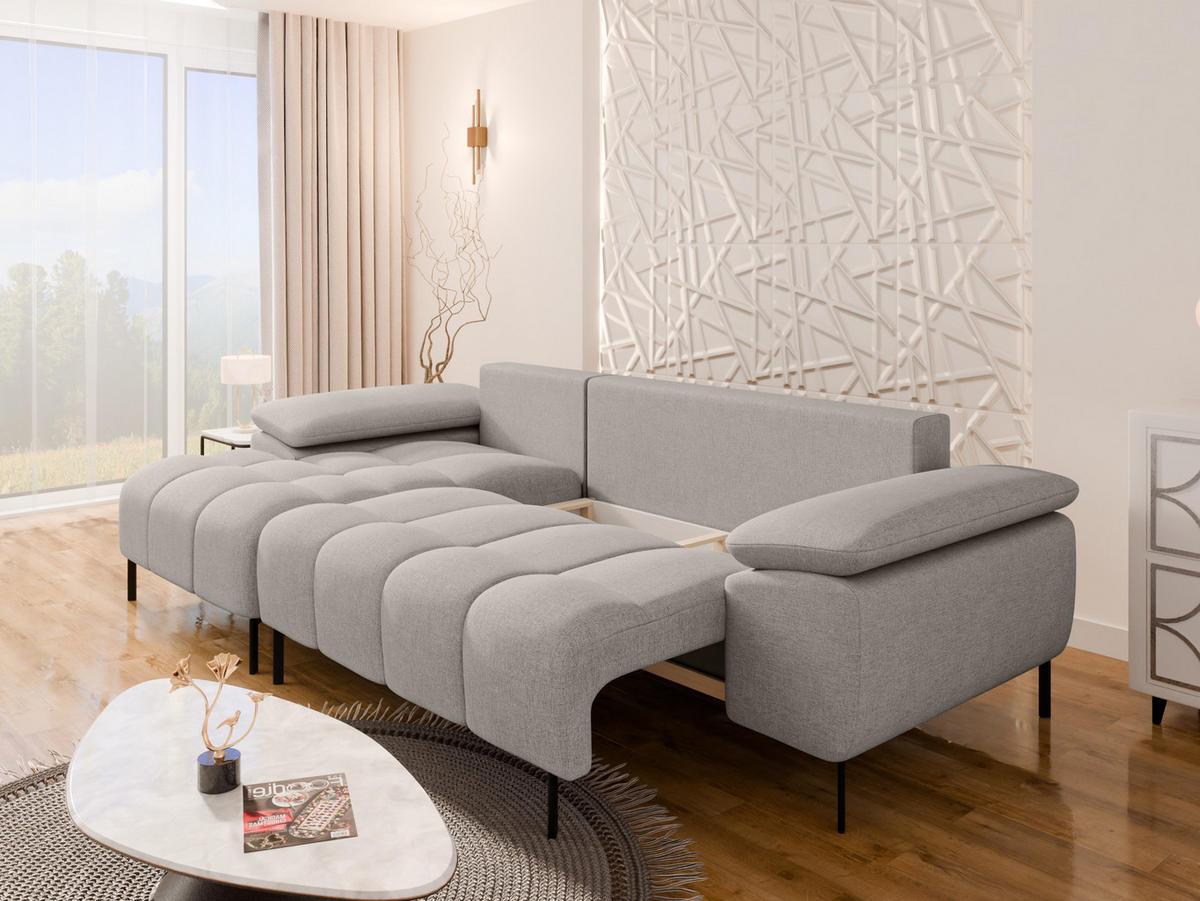 ECKSCHLAFSOFA 4-Sitzer DOLUS – Modernes Ecksofa mit Schlaffunktion Links montierbar , Hellgrau - Hellgrau, Holz (141/277cm) - Panda Möbel