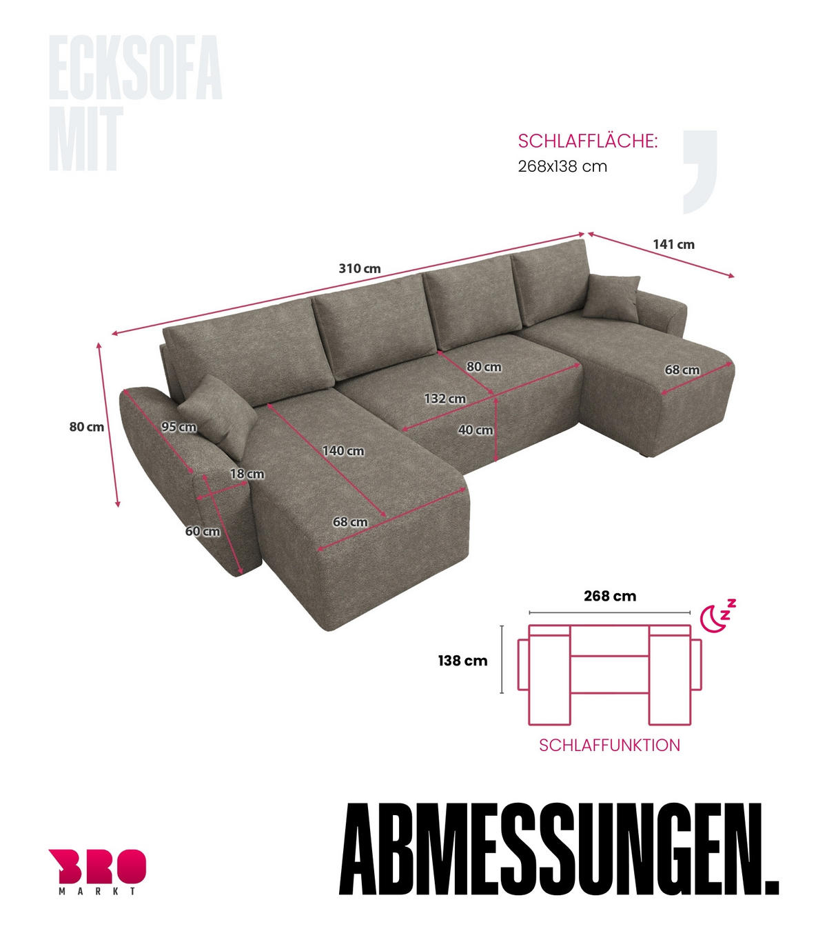 WOHLANDSCHAFT Rotterdam U mit Schlaffunktion Braun Bouclé - Braun, Textil (310/80/141cm) - Bromarkt