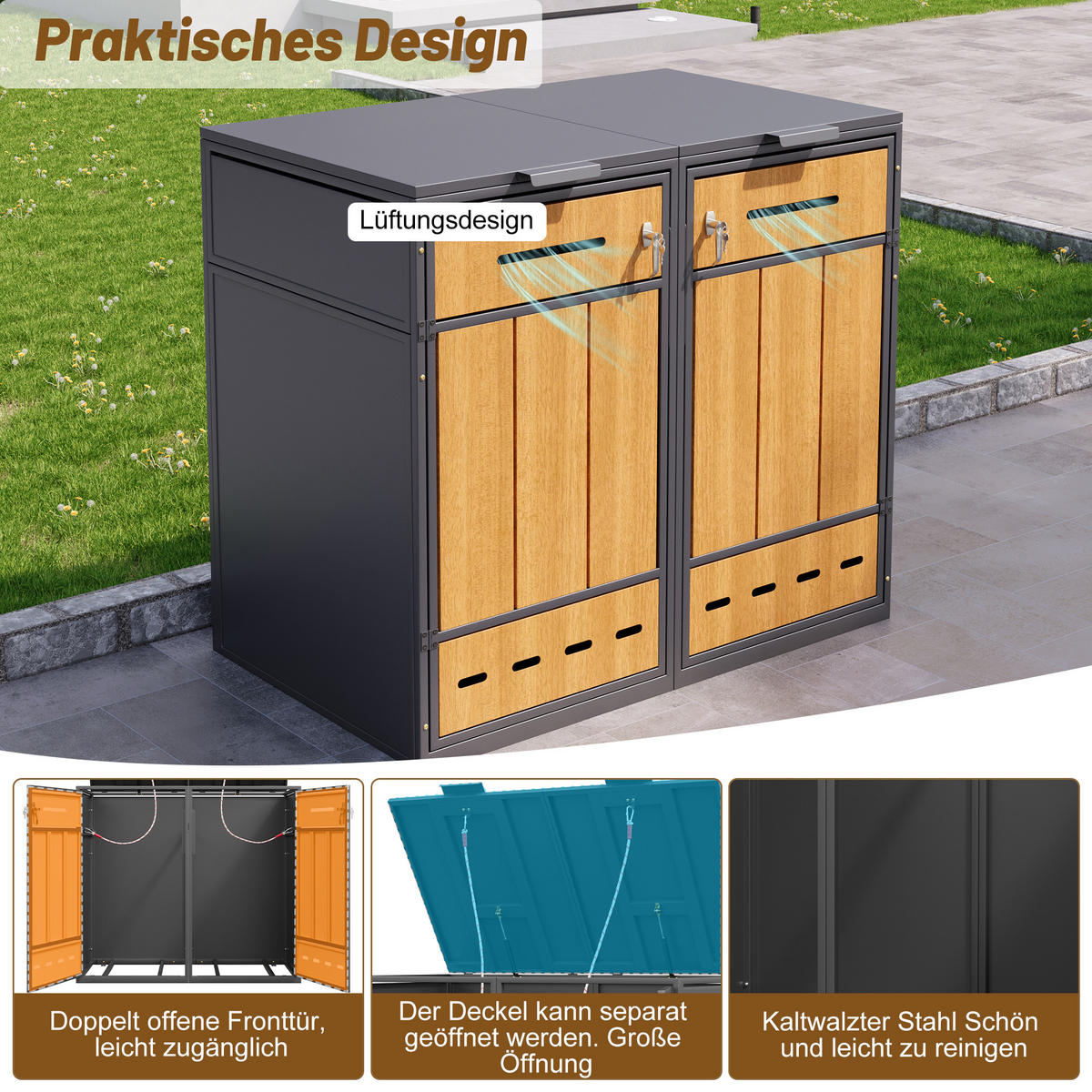 MÜLLTONNENBOX 4er abschließbar 120-240L Lüftung 2 Türen - Multicolor, Metall (169/249/264cm) - FLIEKS