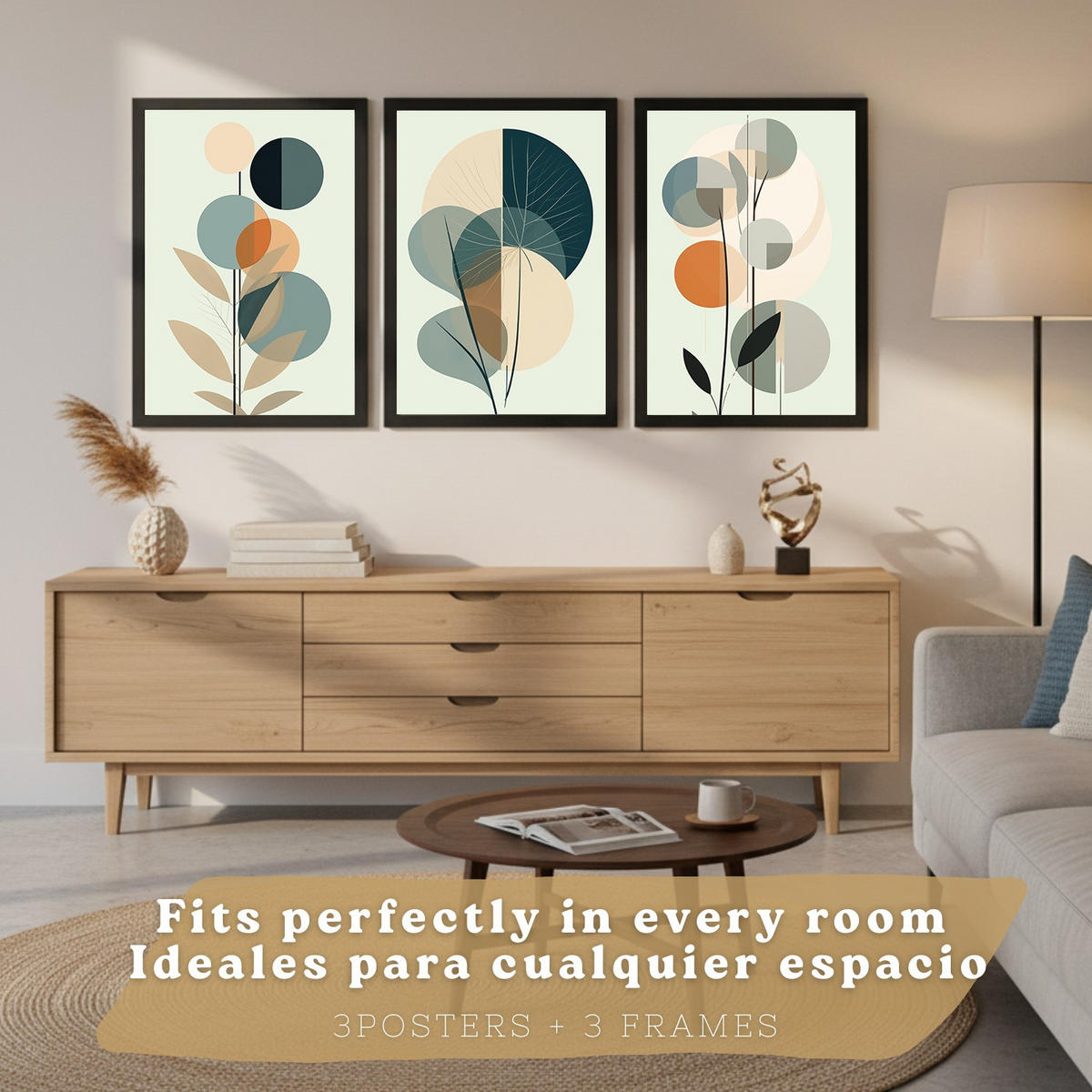 PLAKAT Sada 3 Abstraktní rostlina A3 Černý rám - černá, papír (29.7/1/42cm) - Nacnic