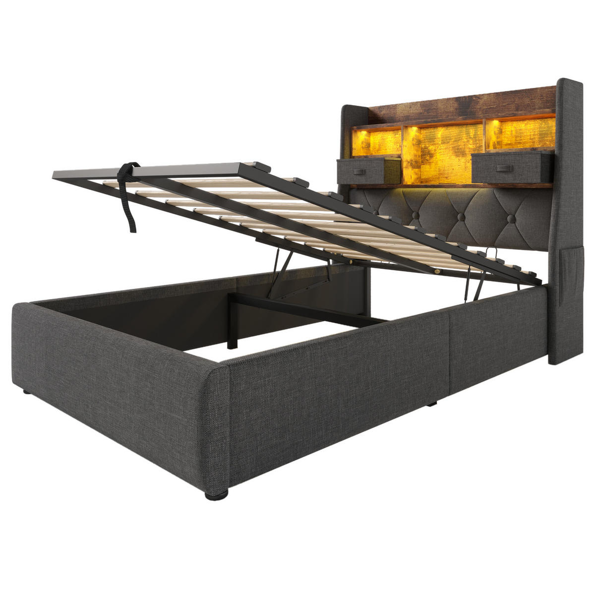 POLSTERBETT 90/200 cm grau aus Leinen mit LED und Stauraum - Grau, Textil (90/200cm) - OKWISH