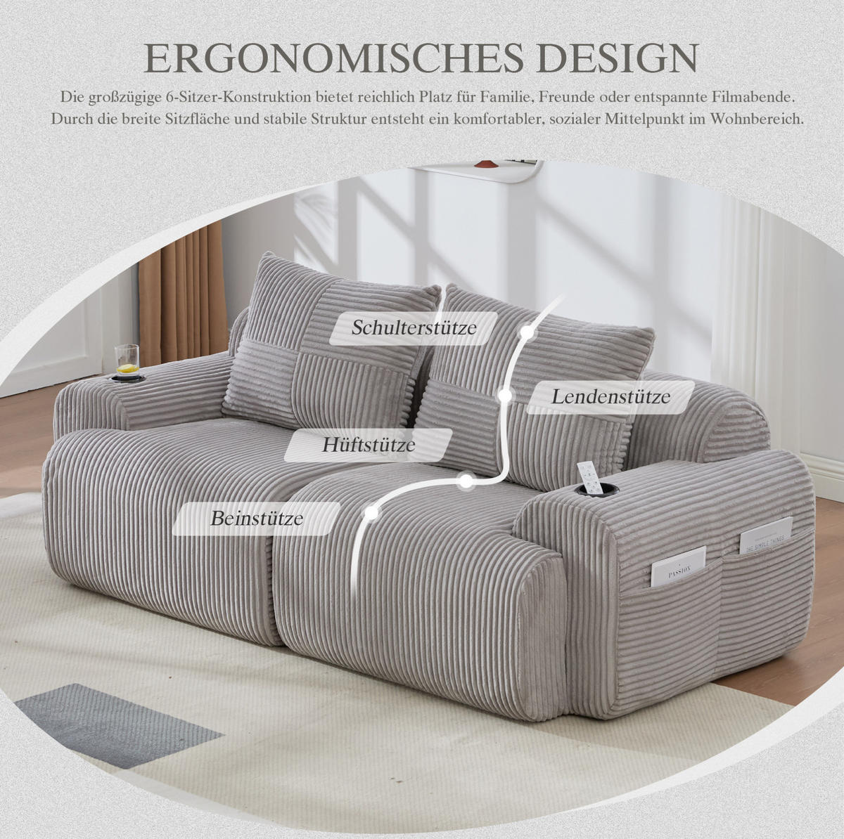 SOFA od samta, 200/99/80 cm svijetlosiva, 2-sjed s držačem za piće - svijetlo siva, tekstil (100/80/200cm) - BEAOK