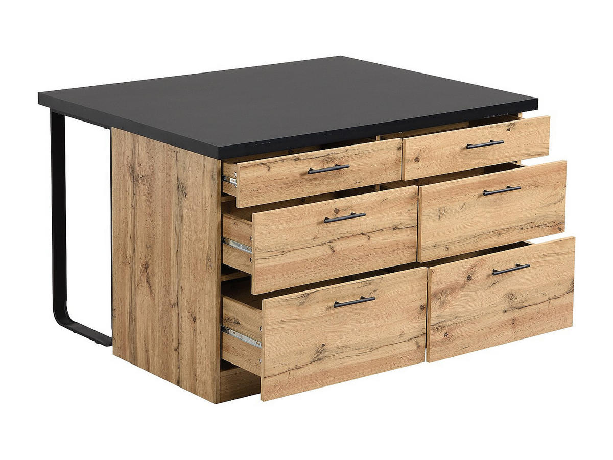 KÜCHENINSEL mit 6 Schubladen aus MDF & Metall - Schwarz & Holzfarben hell - ALEGRITA - Schwarz, Holz (126/80/104cm) - Vente-Unique