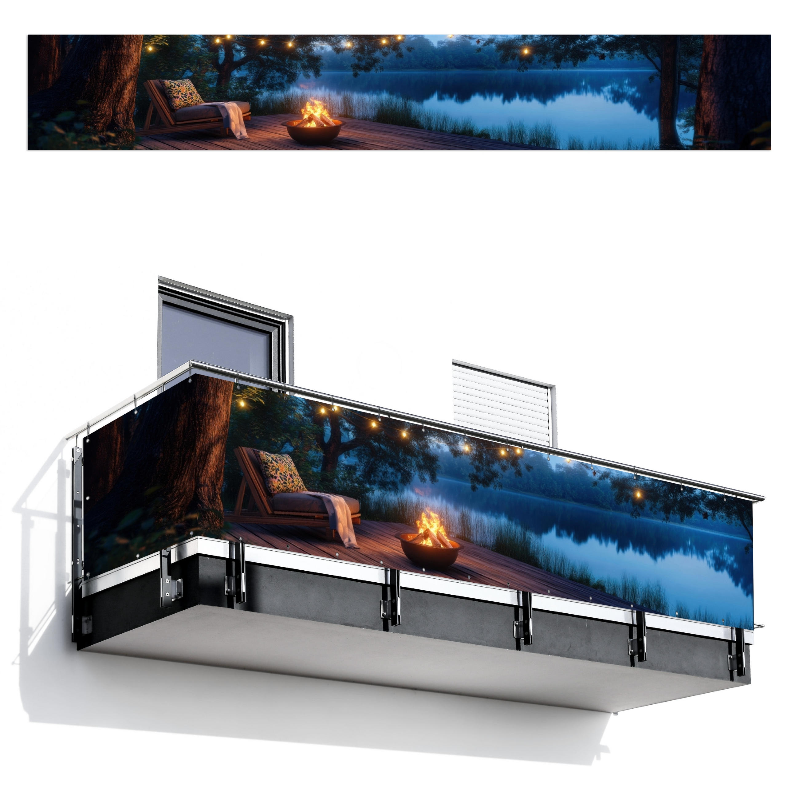 BALKON-SICHTSCHUTZ Lagerfeuer - See - Abendlicht - Dunkelblau, Kunststoff (500/80cm) - MuchoWow