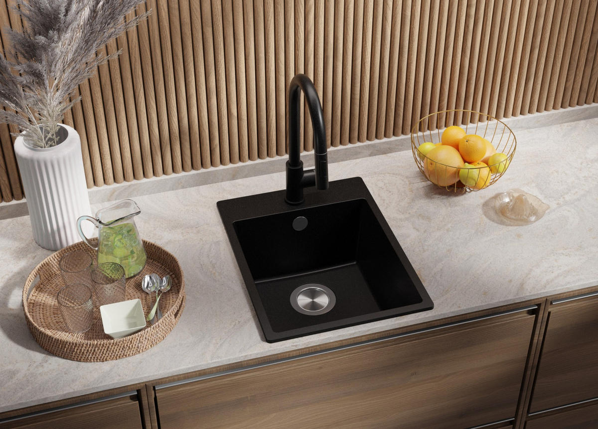 GRANITSPÜLE Riga, 2-er set Schwarz 38/50 cm 1 Becken + Küchenarmatur 40/38 cm + Ablauf-Set ab 40er Unterschrank - Chromfarben/Schwarz, Kunststoff (38/20/50cm) - Primagran