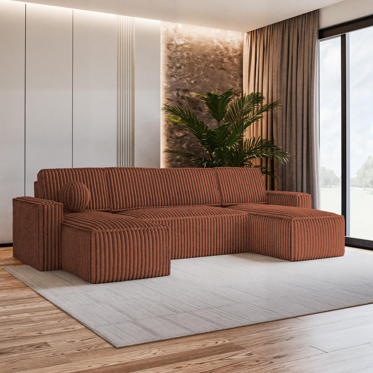WOHNLANDSCHAFT PESANO T Braun Kordstoff mit Schlaffunktion - Braun, Holz (306/85/140cm) - MASSENO