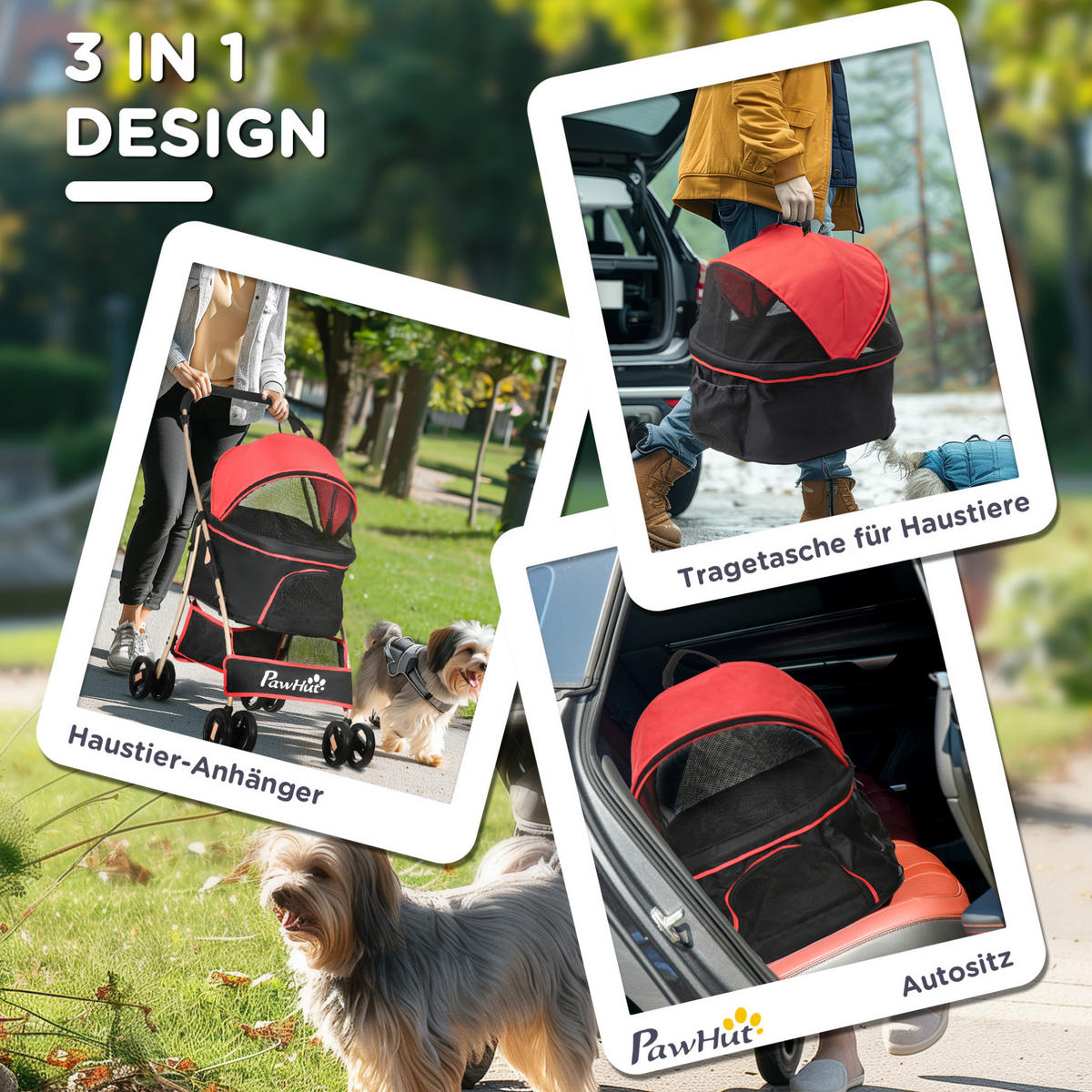 HUNDEWAGEN 2-in-1 faltbar in Rot mit Tragetasche und Bremsen - Rot, Textil (49.5/98/82cm) - BEAOK
