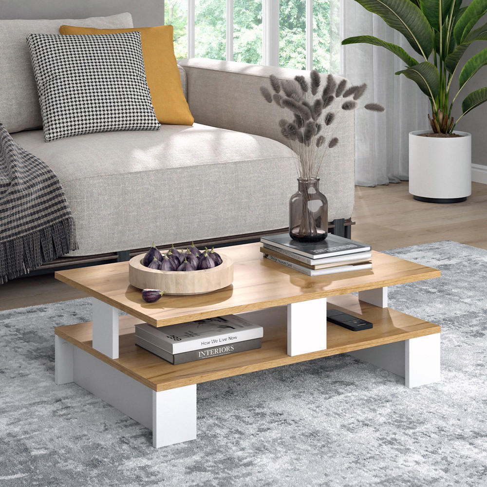 COUCHTISCH Belina Goldkraft Eiche/Weiß 80 x 50 cm mit zwei Ebenen - Honigeiche/Weiß, Holzwerkstoff (50/80/28cm) - Vicco