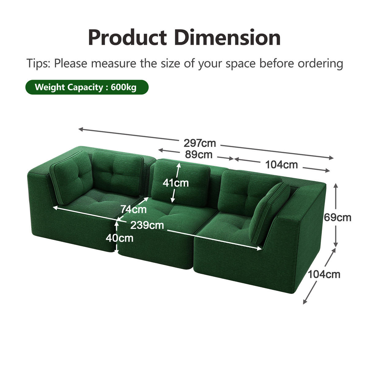 3-SITZER Sofa 297x104x69 cm aus Cordstoff rahmenlos modular, grün - Grün, Textil (104/69/297cm)