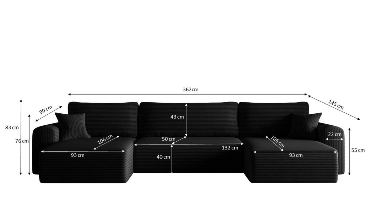 ECKSOFA Mit Schlaffunktion Und Bettkasten U-form CAPRI Poso Schwarz - Schwarz, Holz/Textil (145/362cm) - Kaiser Möbel