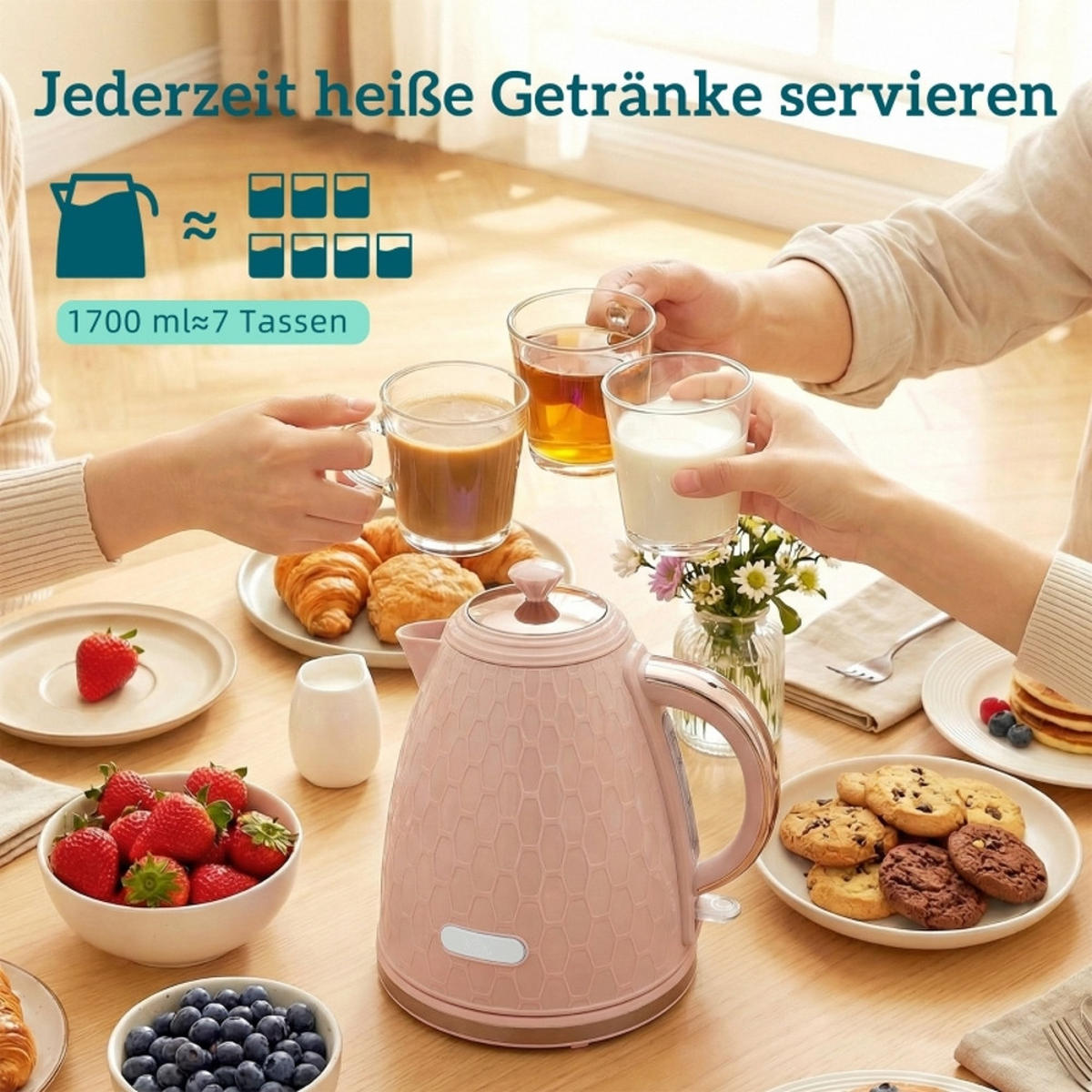 WASSERKOCHER-TOASTER SET Rosa Geriffelt 1,7 L 2200W - Pink, Kunststoff (19.5/23.4/24.2cm) - Rolipo