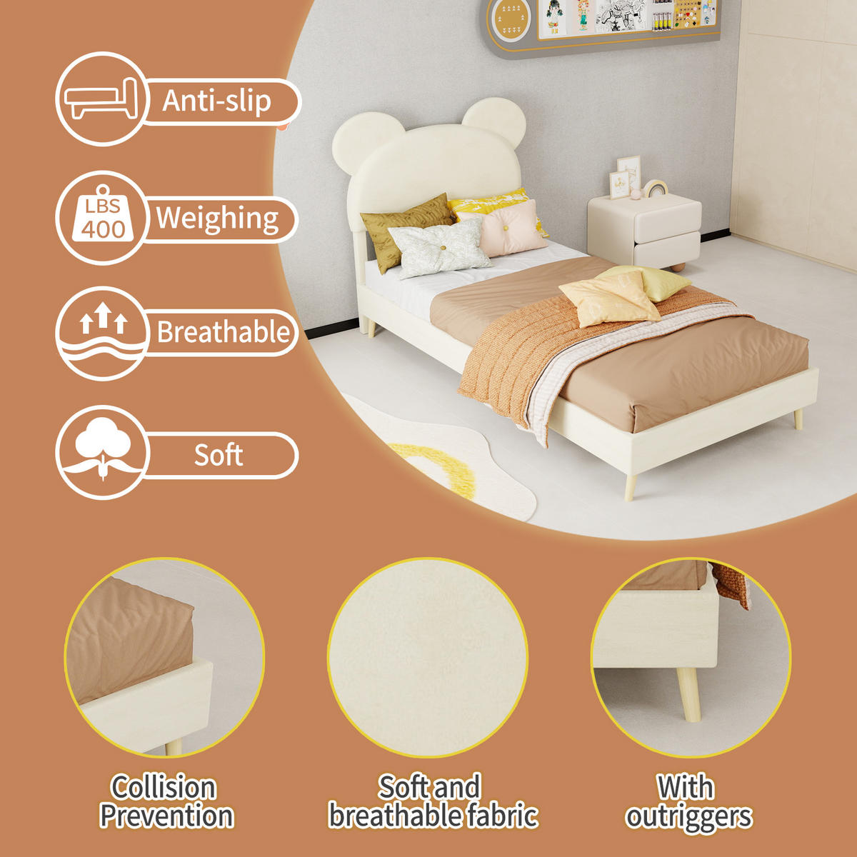 KINDERBETT mit Bettkasten 90x200 cm Stoff Beige - Beige, Holz (90/200cm) - Meubliv